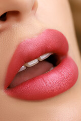 permanent lip makeup close-up with open lips - obrazy, fototapety, plakaty