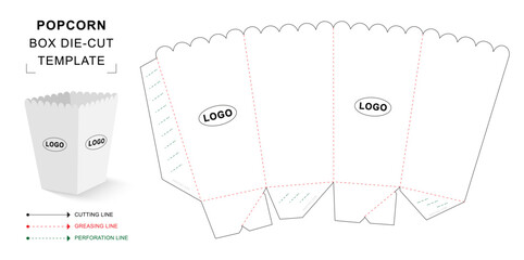 Popcorn box die cut template with 3D blank vector mockup for food packaging