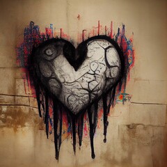 Hyper-realistic illustration of a graffiti of sad bleeding heart on brown wall - obrazy, fototapety, plakaty