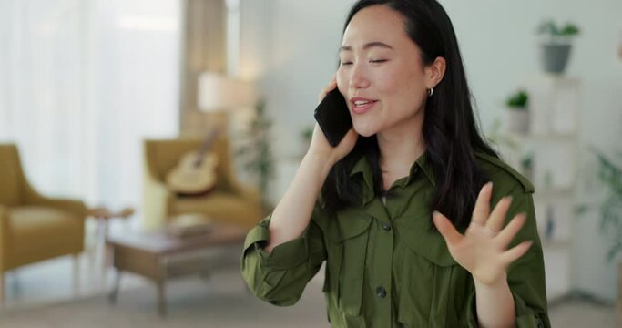 Happy, communication and phone call with woman and news in living room for networking, conversation and contact. Technology, 5g and mobile with asian girl talking at home for connection or discussion