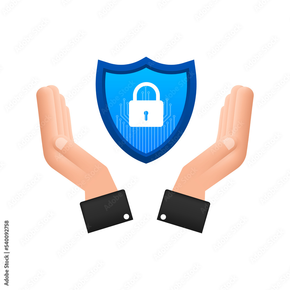 Wall mural cyber security vector logo with shield and check mark. hands holding cyber secure sign. internet sec