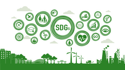 Environmental technology concept.Icon of sustainable development goals, SDGs circle illustration. Rendering on the green city. Corporate social responsibility. Sustainable Development for better world
