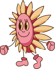 Sunflower character. A cute y2k style sunflower is going somewhere. Cartoon doodle illustration.