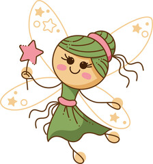 Fairy cut. Cute fairy with wings and a magic wand. Cartoon doodle illustration.