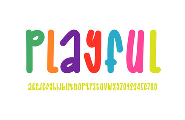 Hand drawn playful font, alphabet in the cartoon style, rounded ultra thick colored letters and numbers in doodle style