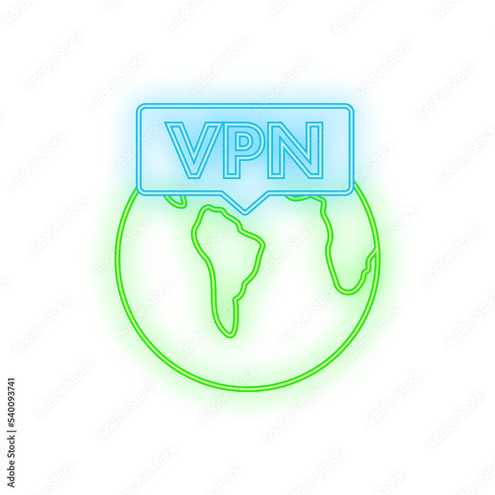 Sticker Secure VPN connection concept. Neon style. Virtual private network connectivity overview. Vector stock illustration.