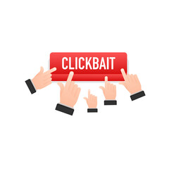 Clickbait red button. Hand click icon symbol. Cursor arrows, push button. Vector stock illustration.