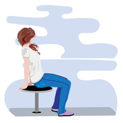 Girl in gray shirt sit side view