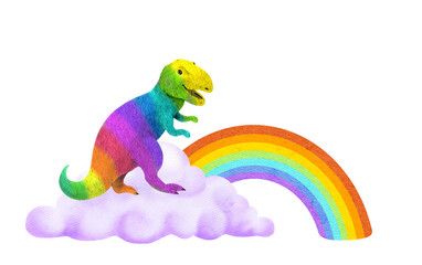 Funny dinosaur in clouds, rainbow. Cartoon fun cute dino for kids card design. Watercolor childish multicolored jurassic t rex animal. Fantastic prehistoric tyrannosaur water painting © zzorik
