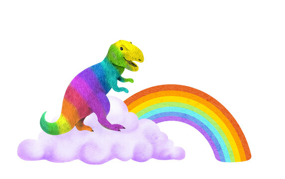 Funny dinosaur in clouds, rainbow. Cartoon fun cute dino for kids card design. Watercolor childish multicolored jurassic t rex animal. Fantastic prehistoric tyrannosaur water painting