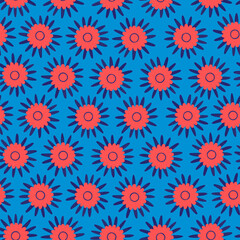 Seamless raster pattern of flowers on a bright blue background