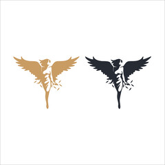 Editable vector silhouette of a woman with wings flying