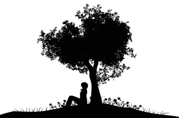 Girl sit under the tree silhouette