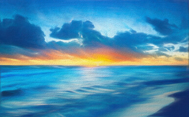 Naklejka na ściany i meble Watercolor landscape with sea and sunset
