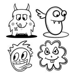 Monster cute Collection set Doodle Illustration hand drawn cartoon sketch for tattoo, stickers, etc