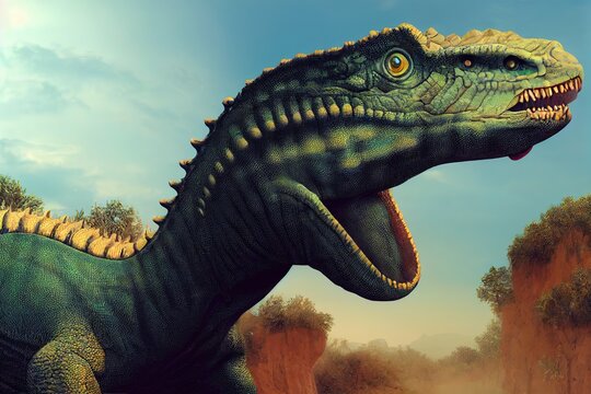 Tanystropheus, extinct reptile in a Triassic landscape ()