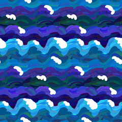 Sea waves seamless pattern. Waves with whitecaps. Blue wavy stripes. Painting imitation