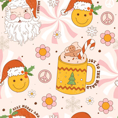 Christmas retro seamless pattern with groovy smile face, cup of cacao drink, Santa Claus, flowers, hippie peace sign and decorative elements. Vintage vector.