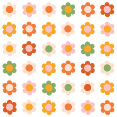 70s retro seamless pattern with hippie groovy flowers. Naive vintage vector for fabric, wallpaper, packaging or wrapping paper.