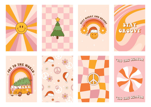 Christmas Set Of Retro Greeting Card. Groovy Hippie 70s Posters. Funky Spruce, Hippie Van, Smile Face, Peace Sign, Flowers Etc. Vector Design.