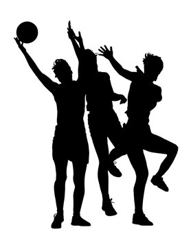 Silhouette of korfball ladies league girl players catching ball