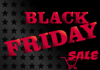 Black friday sale banner. Red letters and cart on a black starry background