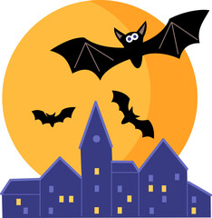 Bats flying under the night city against the big moon. Vector isolated color illustration