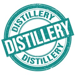 DISTILLERY text written on blue round stamp sign