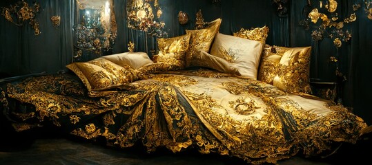 Luxury golden bed - obrazy, fototapety, plakaty