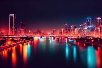 Night city skyline with neon lights and a reflective lake