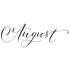 Hand drawn copperplate spenserian wedding lettering "August". Typography for wedding cards, scrapbooking and invitations