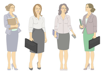 Collection. Silhouettes of a girl are standing in a modern single line style. Business woman with documents. Continuous line, aesthetic design outline, posters, stickers, logo. Vector illustration set