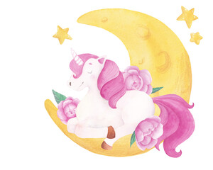 Soft watercolor illustration with unicorn on the moon with stars and flowers. Gentle pastel elements