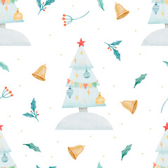 Watercolor seamless pattern with Christmas tree and Christmas décor isolated on white background 