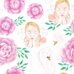 Soft watercolor girlish seamless pattern with peonies, newborns and swans. Gentle pastel elements