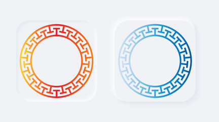 Bright white gradient square buttons with greek ornament. Ethnic greece maze frame. Neumorphic effect icons. Shaped figure in trendy soft 3D style. Circle meander antique ring