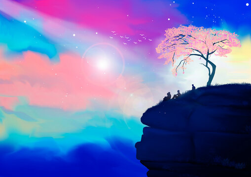 Beautiful colorful nature landscape view. Tree on cliff and colorful sky background. Digital art.
