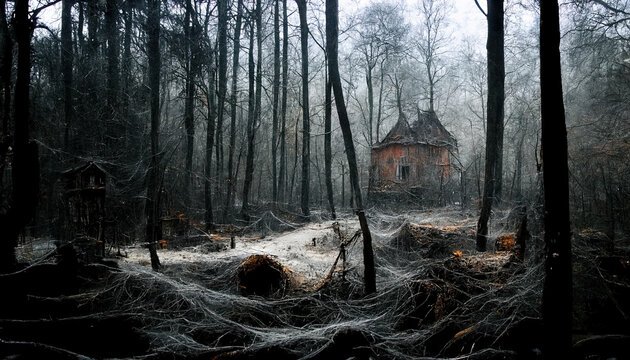 Creepy forest with abstract house digital painting tall old, weathered collapsed cabin tall mysterious horror forest with fog and smoke fairy tale place with thick large spiderwebs and spiders