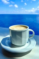 .Cup of cappuccino with the sea in the background