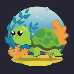 Cute turtle character with seaweeds sealife Vector