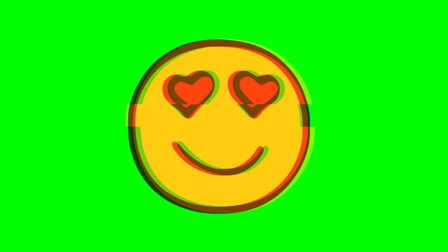 Kissing emoticon glitch effect on green background. Emoji motion graphics.