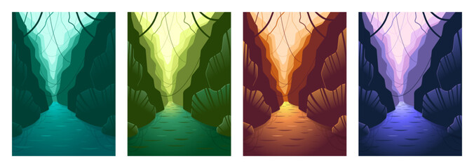 Vector illustration set. Mountain view, forest trees and reflection in water. Tropical landscape