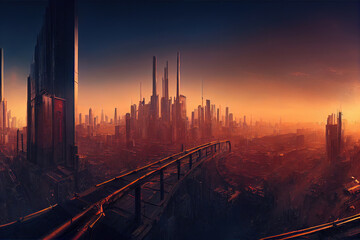 Naklejka na ściany i meble Cyberpunk city panorama, futuristic, concept art illustration