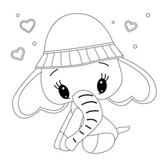 Outline for coloring A cute elephant sitting in a panama hat with hearts