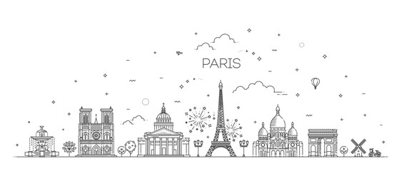 Paris architecture line skyline illustration - obrazy, fototapety, plakaty