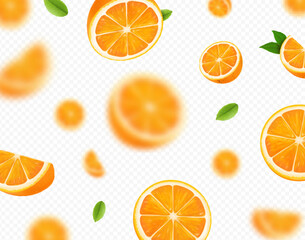 Refreshing orange background. Juicy oranges with green leaves falling with unfocused slices.. Flying fruit Vector