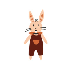 Obraz premium Boho Soft toy bunny in overalls. Boho Baby Nursery Scandinavian Neutral Decor Element. Baby Shower Minimalist Clipart for Newborn