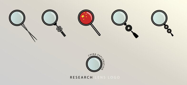 Magnifying glass logo with chinese handle. Set of magnifying glass icons, vector symbol: china search concept.