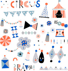 Set of Carnival Circus Patterns. Fun Decor Elements. Cute Decor Items