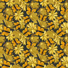 Seamless floral pattern with monarch butterflies in yellow flowers vector illustration 